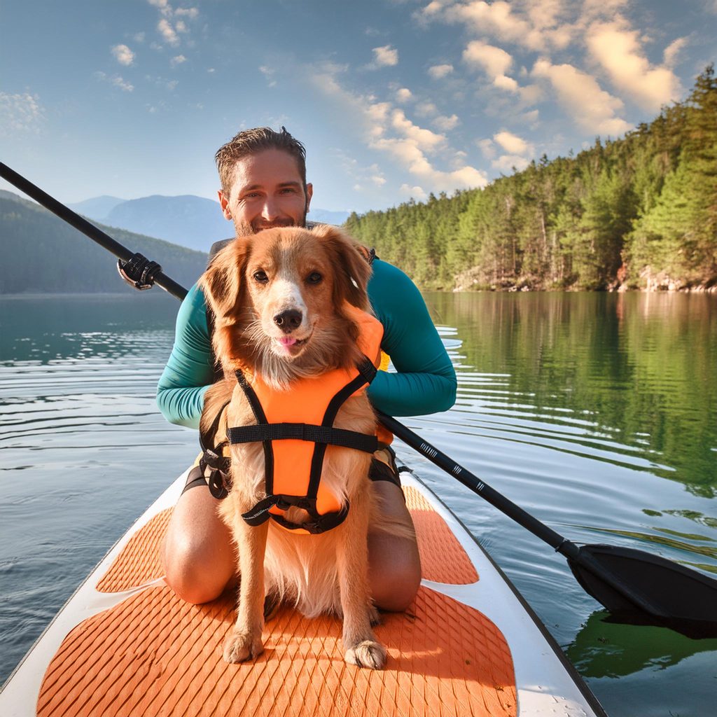 Homme sur un paddleboard avec son chien