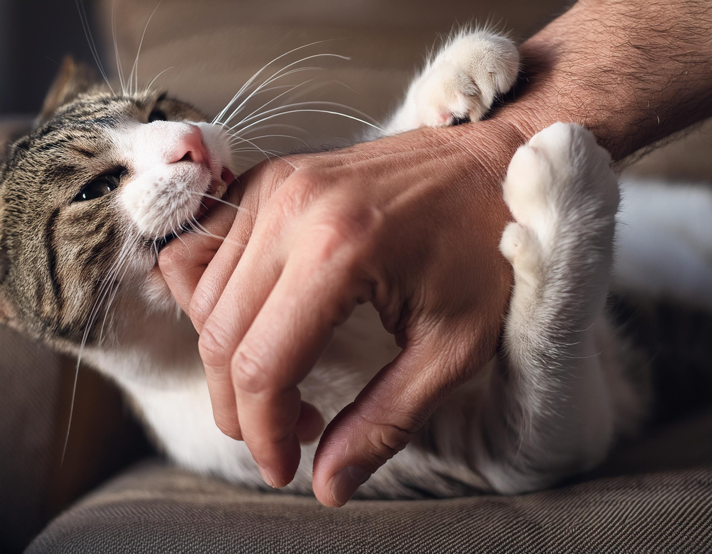 Un chat qui mord une main