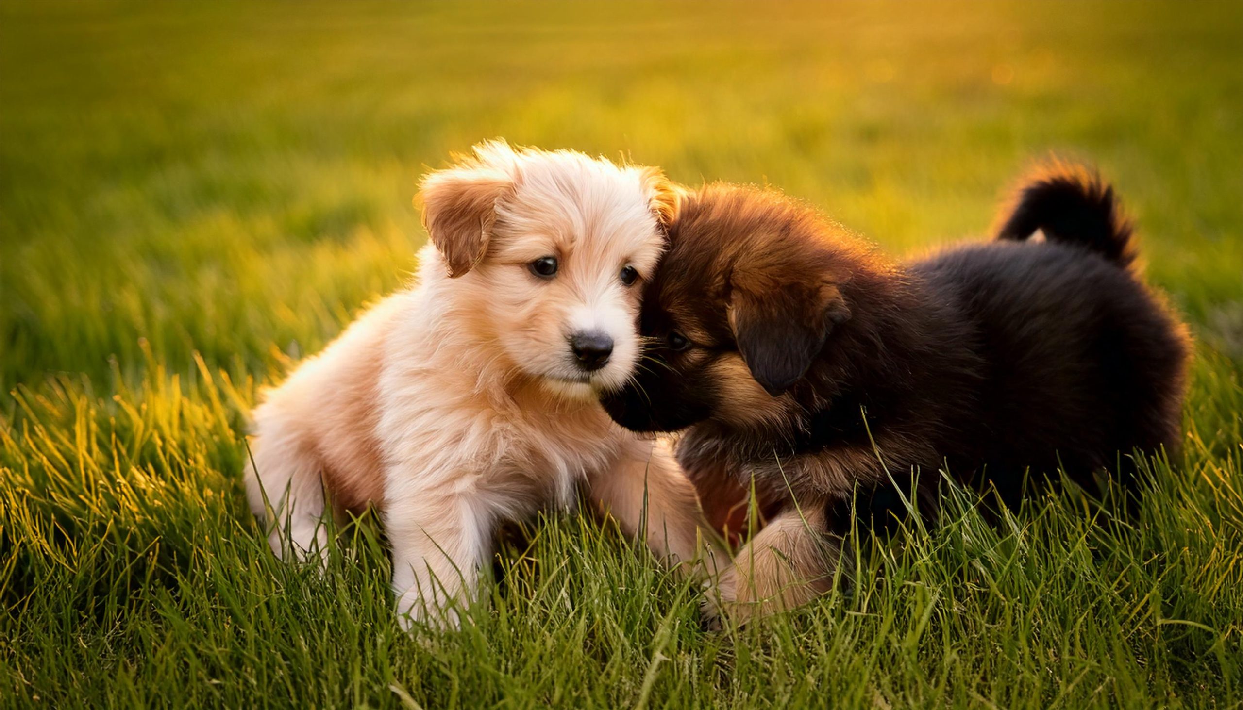 2 chiots jouent dans l'herbe